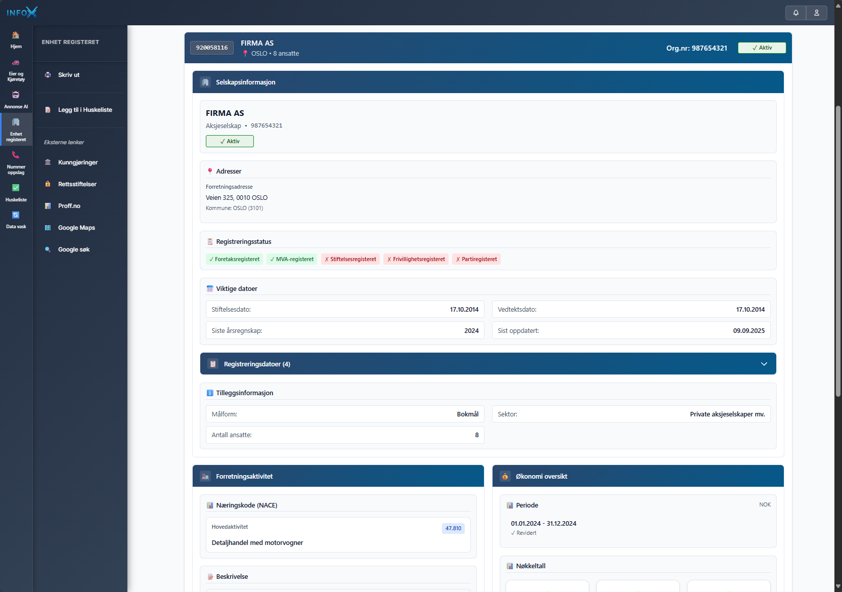 Firmaopplysninger dashbord